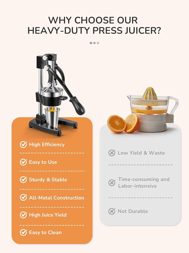QCen Manual Citrus Juicer Cast Iron Heavy Duty Orange Press | Stainless Steel Strainer, Hand Squeezer, Easy To Clean, For Orange, Lemon, Lime And Grapefruit, Black - Image 2