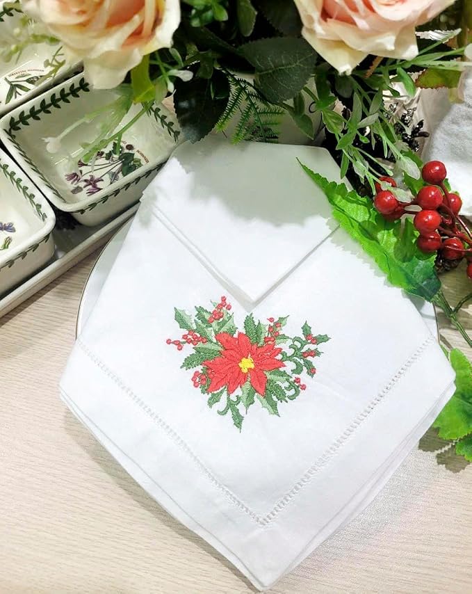 Embroidered Cloth Napkin Red Poinsettia and Berry Christmas Cotton Napkins Set of 6, 20 x 20 Hemstitch Table Napkins Machine Washable, Daily & Holidays, Great Gift Ideas - Image 4