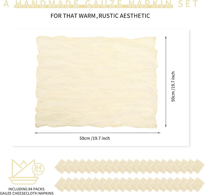 84 Packs Gauze Cheesecloth Napkins 20 x 20 Inch Ivory Wrinkled Dinner Napkins, Ivory Rustic Boho Soft Cloth Napkin for Wedding Party Event Dinner Table Decoration - Image 2