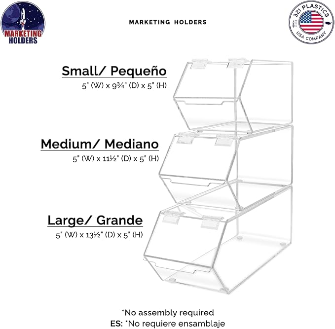 Marketing Holders Stackable Candy Bins 3 Piece Small Medium and Large Storage Caddys with Hinged Lid for Ice Cream Toppings Candies Nuts Granola Cereal and Wrapped Snacks Clear Acrylic - Image 4