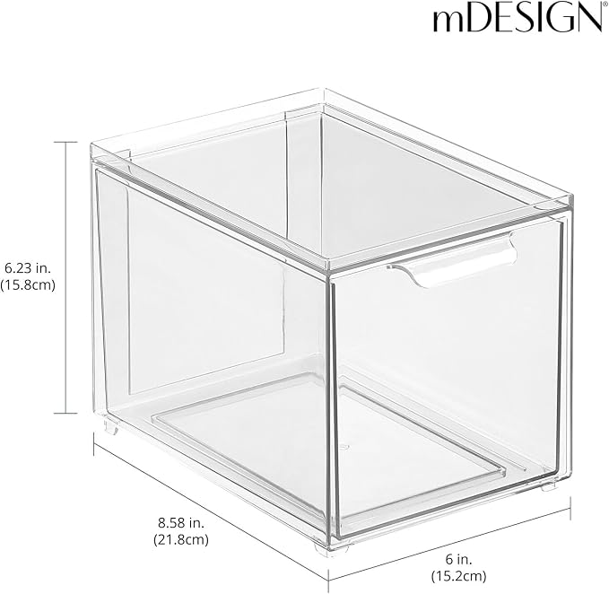 mDesign Plastic Stackable Bathroom Storage with Pull Out Bin Organizer Drawer for Cabinet, Vanity, Shelf, Cupboard, Cabinet, or Closet Organization - Lumiere Collection - 4 Pack - Clear - Image 4