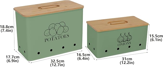 Potato and Onion Storage Bin Set of 2, Vented Metal Vegetable Storage with Wooden Lids, Farmhouse Kitchen Canisters for Countertop Pantry Organizer, Potato Bin Onion Holder for Produce Storage, Green - Image 7