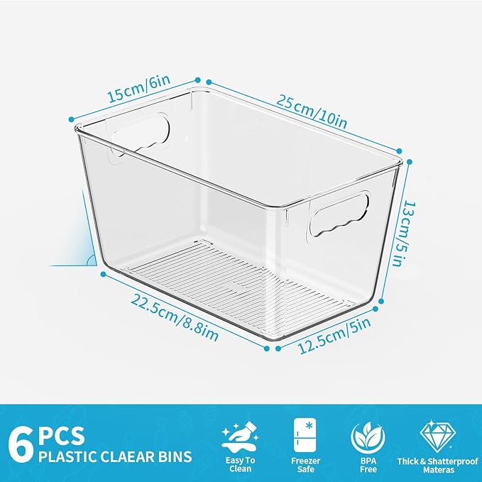 Clear Fridge Organizer Bins with Handles, 6 Pack Medium 10×6×5 Inch | Clear storage bins with handles, food organizer basket for kitchen, fridge, freezer and bedrooms - Image 3