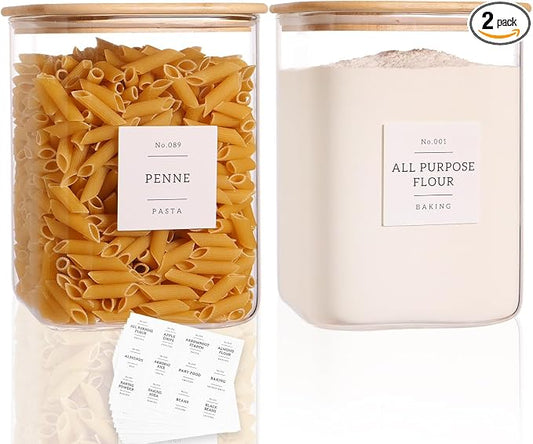 2 Pack Square Glass Flour and Sugar Containers with 132 Kitchen Pantry Labels - Thicken 120 FL OZ Large Glass Storage Jars with Airtight Bamboo Lid - Big Food Canisters for Cookies, Rice, Coffee by CZZGSM