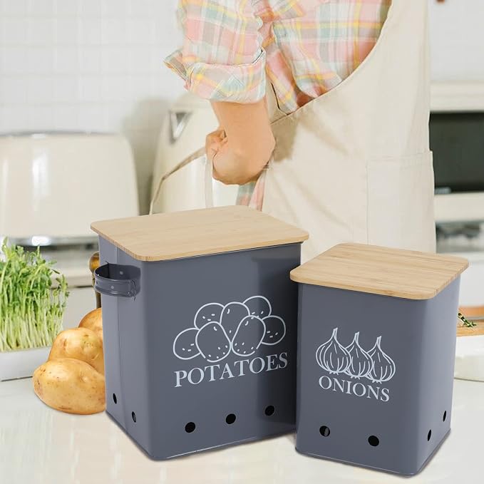 Kitchen Vegetable Storage Tins Set of 2, Onion and Potato Storage Bins with Wooden Lid and Aerating Holes, Garlic Bin Caddy, Vintage Kitchen Decor, Grey - Image 4