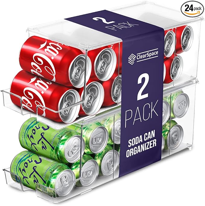 ClearSpace Soda Can Organizer & Soda Can Dispenser for Refrigerator - Fridge Organizer & Stackable Drink Organizer for Fridge or Refrigerator - Holds 12 Cans Each, BPA Free - 2 Pack by ClearSpace