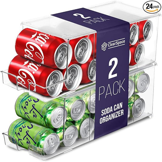 ClearSpace Soda Can Organizer & Soda Can Dispenser for Refrigerator - Fridge Organizer & Stackable Drink Organizer for Fridge or Refrigerator - Holds 12 Cans Each, BPA Free - 2 Pack by ClearSpace