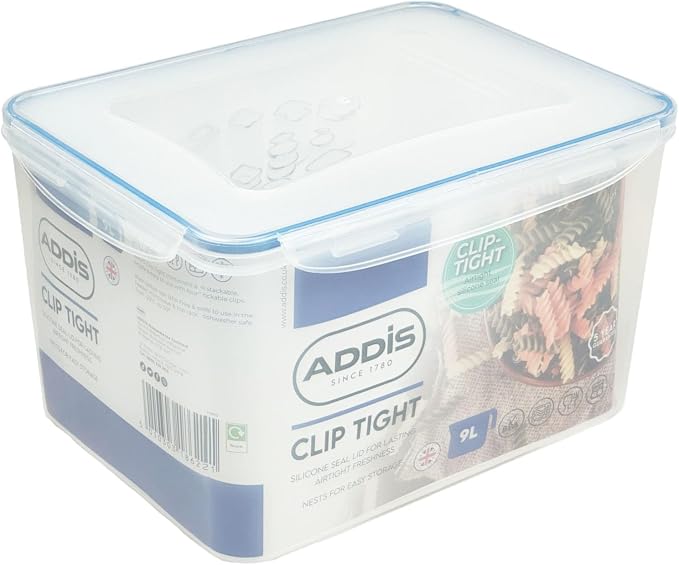 Addis Clip Tight Super Large Food Storage Container 9 Litre Tall Rectangle Airtight Silicone Seal Containers Bpa Free Easy Locking Lid Clips, Clear Transparent by Addis