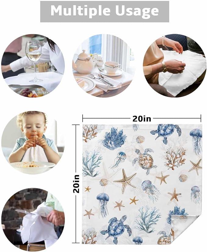 Coastal Turtle Cloth Napkins Set of 4 - Blue Ocean Starfish Seaweed Coral Jellyfish Washable Dinner Napkins Reusable Table Napkins for Party Weeding Dining Table Setting Decoration,Oversized 20"x20" - Image 5