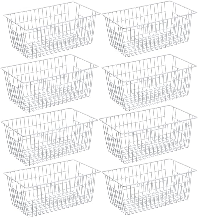 SANNO Freezer Baskets Pantry Storage Bins, Farmhouse Wire Storage Baskets Organizer Storage Bins Large Organizer Bins for Kitchen Organization Storage-Set of 8,White by SANNO