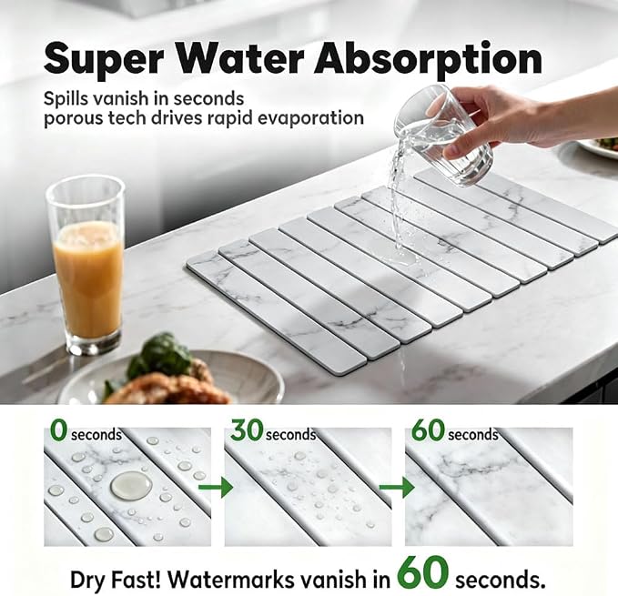 Stone Drying Mat for Kitchen Counter, Quick Diatomaceous Earth Mats for Dishes, 24"L x 16" W Super Absorbent Fast-Drying Collapsible Countertop Stone Mat (Marble White, 24" x 16") - Image 4