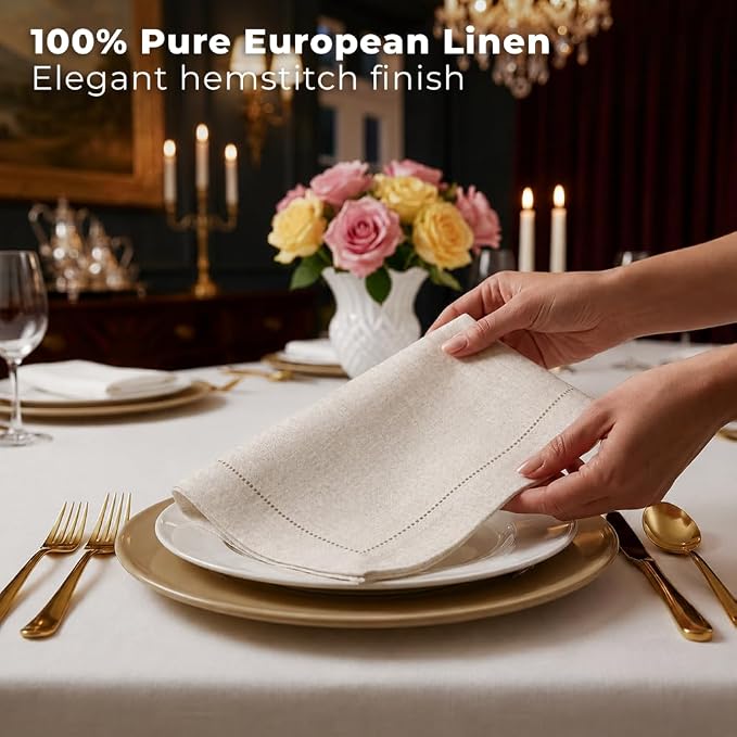 Signature Linen™ by D'Moksha Light Natural Dinner Napkins Set of 4, 20 x 20 Inch Cloth Napkins, 100% Pure Linen, Hemstitch, Machine Washable Table Napkins- Summer, Weddings, Outdoor hostings - Image 3