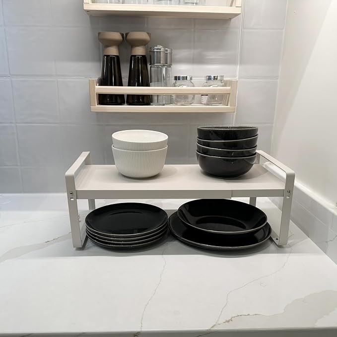 Set of 2 White Kitchen Countertop Shelves, Expandable Cabinet Shelf Organizers, Stackable Metal Pantry Storage Shelves for Spice Rack, Cupboard - Image 4