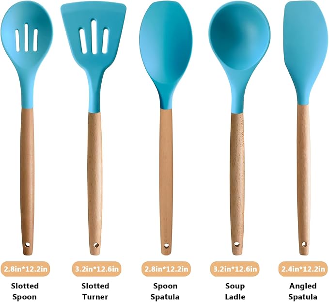 Silicone Kitchen Cooking Utensils Set, 5-Piece Non-Stick Silicone Kitchen Utensils Spatula Serving Spoons Turner Ladle Set w Wooden Handle Heat Resistant Cooking Gadgets for Nonstick Cookware - Image 3