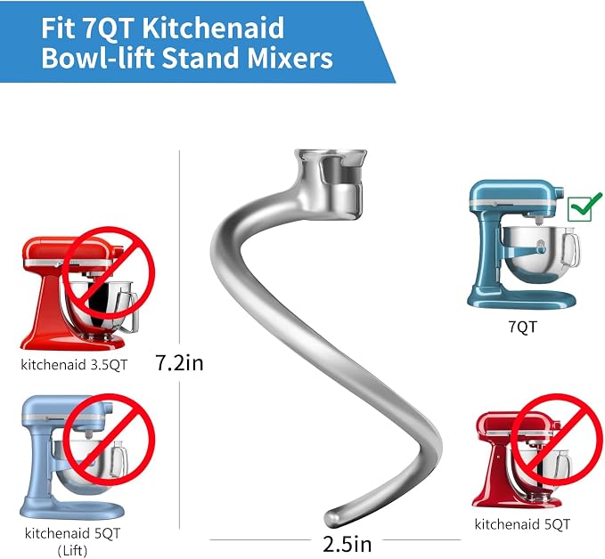Dough Hook for KitchenAid 7 QT Bowl-lift Stand Mixers | Stainless Steel, Spiral Dough Hook Attachment for Kitchen aid attachment parts, Dishwasher Safe - Image 5