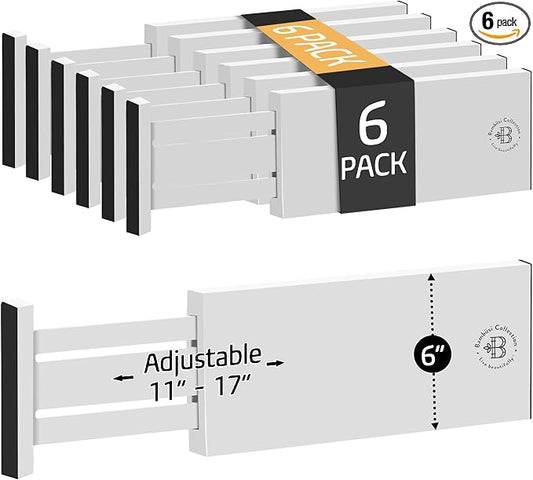 6-Pack Drawer Dividers - 6 Inches High, Adjustable 11 to 17 Inches Bamboo Drawer Organizer, Large Expandable Separator for Clothes, Dresser, Bedroom, Bathroom, Baby, Office, Kitchen Utensil, White by Bamb%C3%BCsi