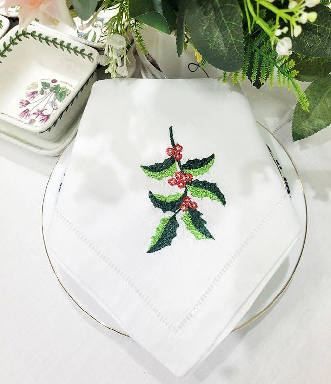 Embroidered Cloth Napkin Holly Leaf Christmas Cotton Napkins Set of 6, 20x20 Hemstitch Table Napkins Machine Washable, Daily & Christmas, Great Present Ideas - Image 2