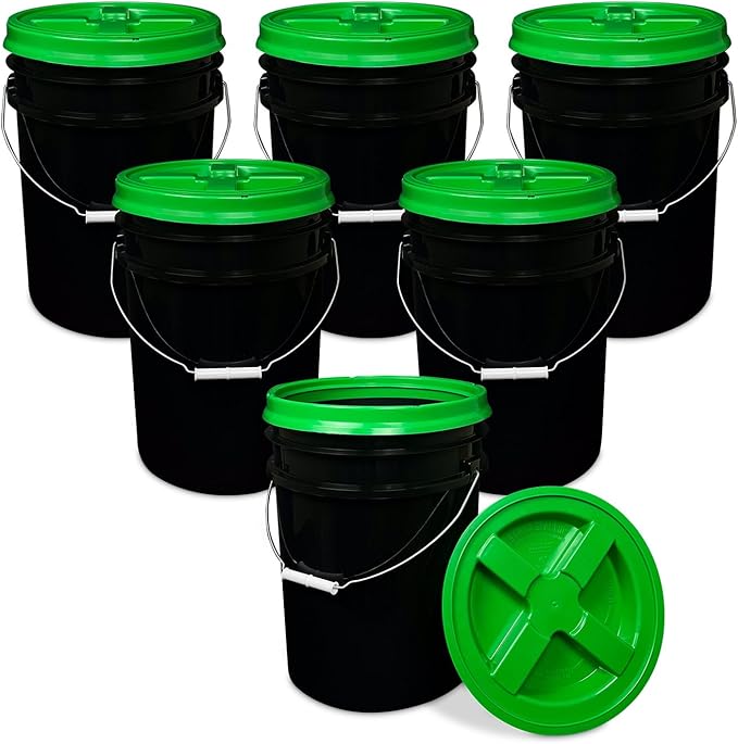 5 Gallon Bucket - Food Grade w/Lid BPA-Free, Black/Green, 6 | Airtight Gamma Seal Screw-On Lid, Heavy-Duty 90 Mil HDPE Plastic, Food Safe and Durable Container, Bulk Storage, Made in USA by ePackageSupply