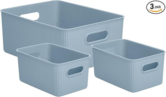 Superio Ribbed Collection - Decorative Plastic Basket Open Home Storage Bins Organizer, Blue (Set of 3) 1 Large, 2 Medium - Container Boxes for Organizing Closet Storage Bins for Shelves Drawer Shelf by Superio