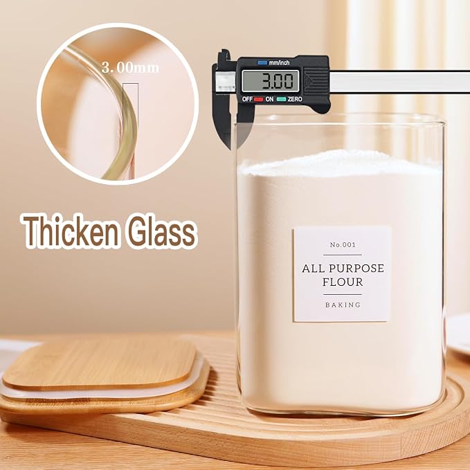 2 Pack Square Glass Flour and Sugar Containers with 132 Kitchen Pantry Labels - Thicken 120 FL OZ Large Glass Storage Jars with Airtight Bamboo Lid - Big Food Canisters for Cookies, Rice, Coffee - Image 4
