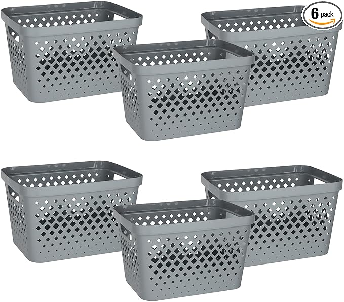 Glad Plastic Storage Basket Set, Value Pack of 6 | Open Storage Bins for Shelves, Bathroom, Pantry, Closet | Nesting Organizer Boxes with Handles, 4 Gallon, Grey by GladTrashFoodStorage
