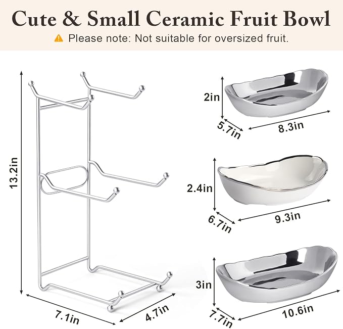 3 Tier Fruit Basket for Kitchen Counter, Detachable Ceramic Fruit Bowl Set with Metal Stand, Tiered Fruit Holder for Fruit Vegetable Dessert Storage, Countertop Organizer for Home, Silver - Image 4