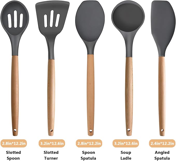 Silicone Cooking Utensils Set 5-Piece Non-Stick Kitchen Utensil Set, Wood Handle Heat Resistant Spatula Spoon Turner Soup Ladle Silicone Cooking Kitchen Gadgets BPA Free for Nonstick Cookware - Image 3