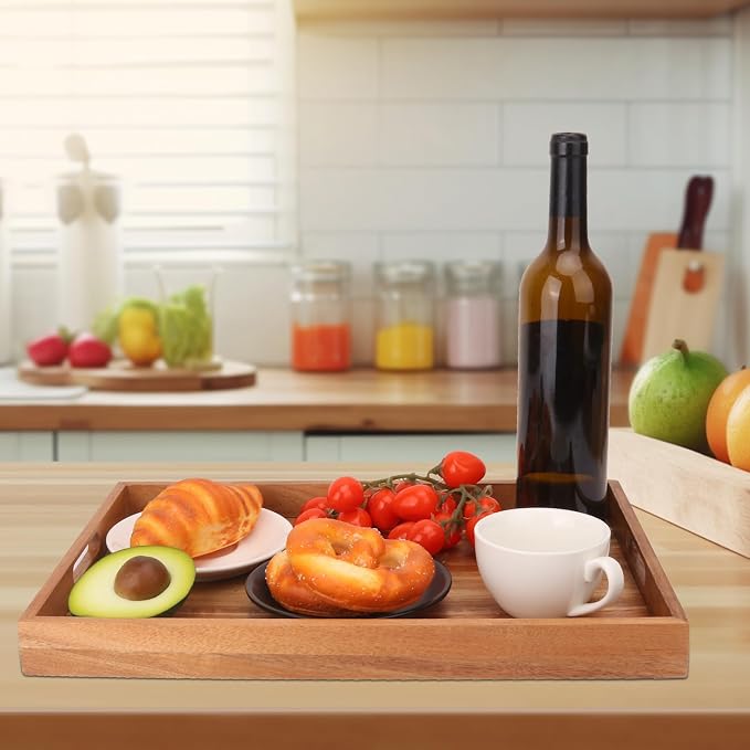 2 PCS Acacia Wood Serving Tray with Handles - 17 x 11.5 Inch Elegant Rectangle Wooden Tray for Food, Decorative Snack Tray, Breakfast and Kitchen Tray, Ideal Wooden Serving Platter for Homes - Image 5