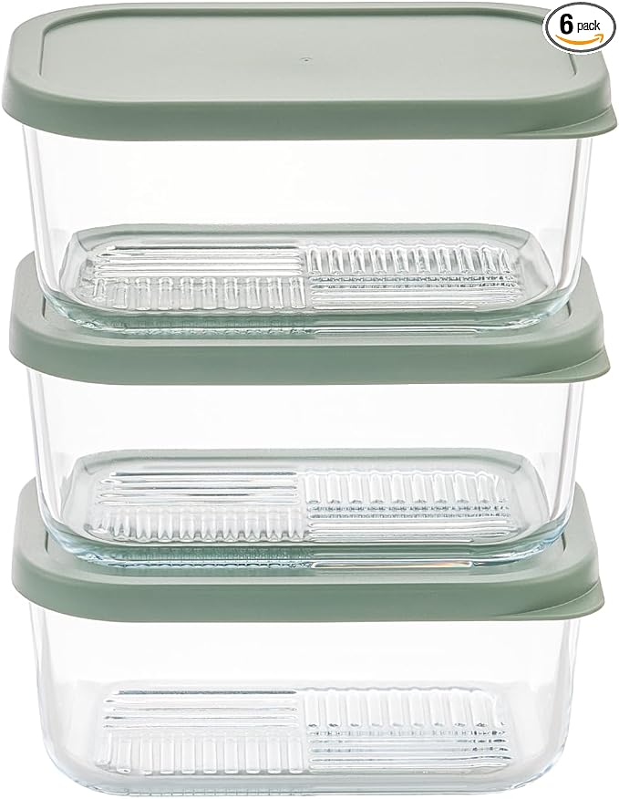 Glass Food Storage Containers with Lids — 6 Piece — 24.4 oz Glass with BPA-Free Leakproof Stackable Lids — Microwave, Oven & Dishwasher Safe — Ideal for Meal Prep & More - Soft Sage by DuraLiving