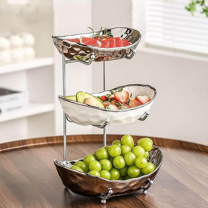 3-Tier Fruit Bowls for Kitchen Counter,Ceramic Bowl with Silver Metal Stand,3 Tier Fruit Basket for Fruit,Snack,Cake,Nuts,Dessert Storage by Afeyibu