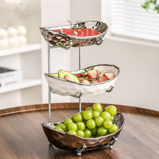 3-Tier Fruit Bowls for Kitchen Counter,Ceramic Bowl with Silver Metal Stand,3 Tier Fruit Basket for Fruit,Snack,Cake,Nuts,Dessert Storage by Afeyibu