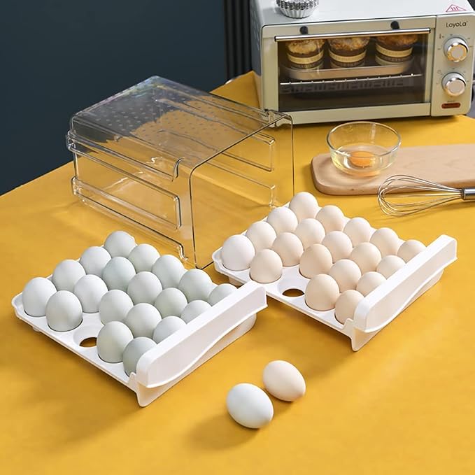 Egg Holder for Refrigerator Egg Storage Container Clear Plastic Fridge Egg Organizer with 2 Drawers 40 Grid - Image 4