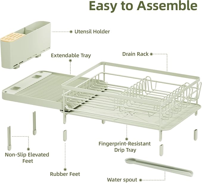 Urackify Extendable Dish Rack, 18.5"-26.7" L x 12.7" W, Soft Celery Green | Multifunctional large dish rack with cup holder and built-in cutlery holder for versatile drying needs - Image 7