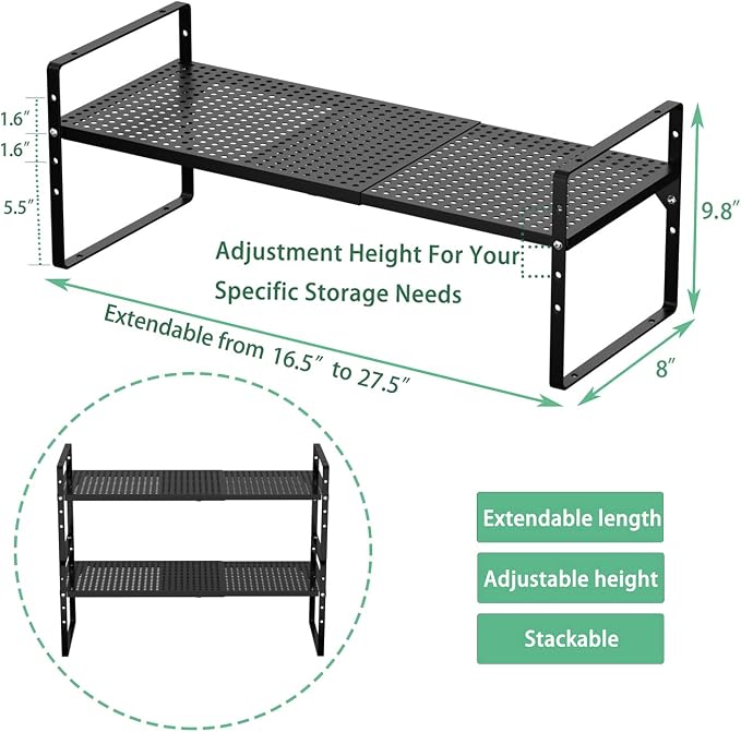 Redrubbit Expandable Cabinet Storage Shelf, Adjustable Height Steel Metal Kitchen Counter Organizers Shelves Spice Rack for Kitchen Pantry Bathroom Cupboard Desk Home Office, Black-1 Pack - Image 3