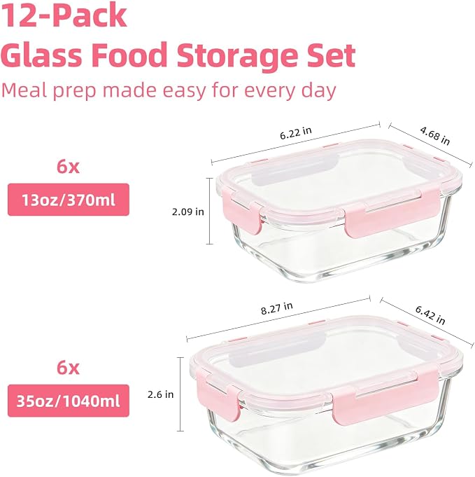 Konokyo Pink Glass Food Storage Containers with Lids, Meal Prep, 12 Pack | Airtight Leakproof Meal Prep Containers, BPA-Free, Microwave Oven Freezer & Dishwasher Safe, Assorted Sizes - Image 3