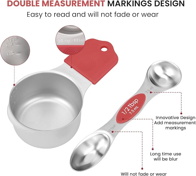 Magnetic Measuring Cups and Spoons Set-Heavy Duty 304 Stainless Steel，Double Measurement Markings，Set of 16 with Leveler for Measure Dry and Liquid Ingredients (Red) - Image 4