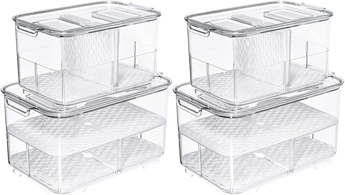 SANNO Fridge Produce Saver Storage Vegetable Fruit Containers Food Produce Saver Container Stackable Refrigerator Organizer Bins Fresh Keeper Drawers Organizer, Set of 4 by SANNO