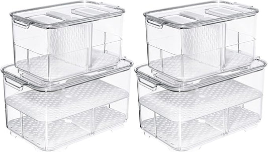 SANNO Fridge Produce Saver Storage Vegetable Fruit Containers Food Produce Saver Container Stackable Refrigerator Organizer Bins Fresh Keeper Drawers Organizer, Set of 4 by SANNO
