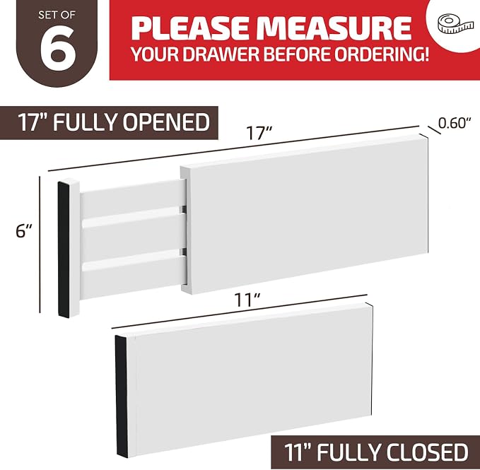 6-Pack Drawer Dividers - 6 Inches High, Adjustable 11 to 17 Inches Bamboo Drawer Organizer, Large Expandable Separator for Clothes, Dresser, Bedroom, Bathroom, Baby, Office, Kitchen Utensil, White - Image 2