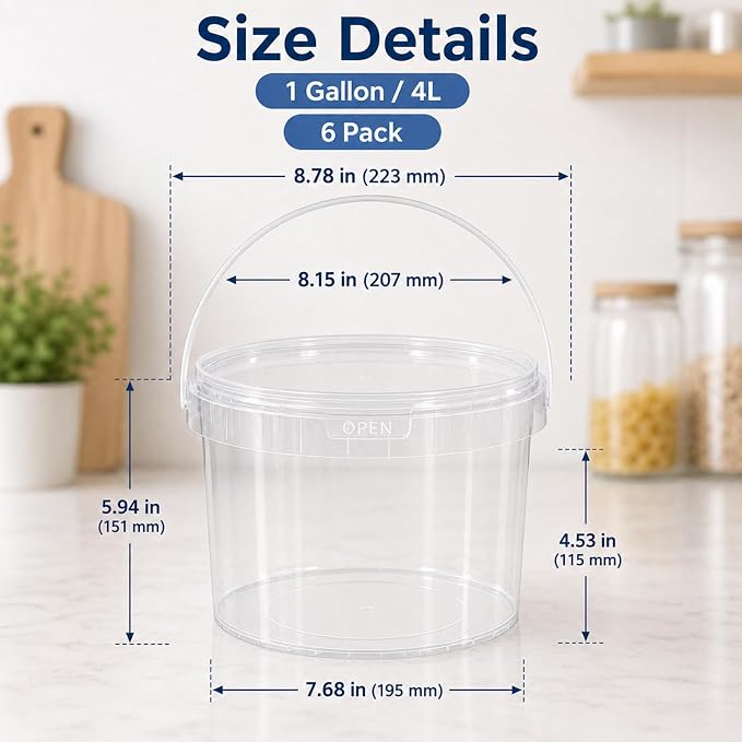 DEMORA 6 Pack 1 Gallon Food Grade Storage Buckets with Lids, Clear | BPA-Free & Stackable, Leakproof Freezer Safe; For Deli, Ice Cream, Meal Prep, Cleaning, Car Wash & Fishing - Image 2