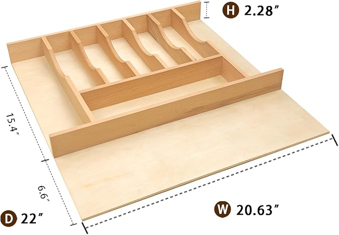 Silverware Drawer Organizer - Trim-to-Fit with Adjustable Dividers for Kitchen Utensil Storage, Beech Wood Frame with 11 Sizes (20.63" W x 22" D) - Image 3