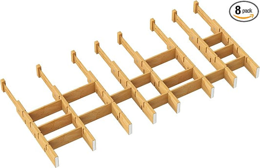 kiplant Bamboo Drawer Dividers - Adjustable Drawer Dividers for Kitchen, Clothes, Closet & Office - 8 Pack with Inserts, 13.8-18.8 Inches, Non-Slip Silicone Ends by kiplant