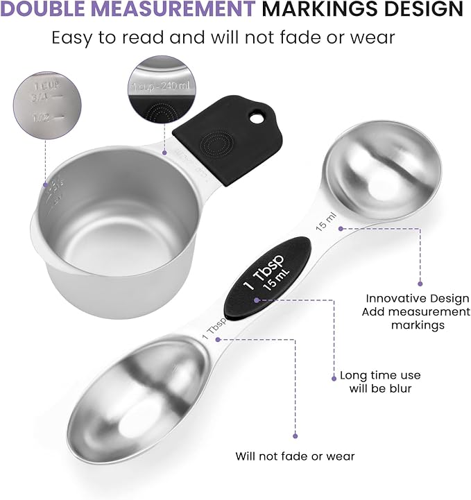 Magnetic Measuring Cups and Spoons Set-Heavy Duty 304 Stainless Steel，Double Measurement Markings，Set of 16 with Leveler for Measure Dry and Liquid Ingredients (Black) - Image 4
