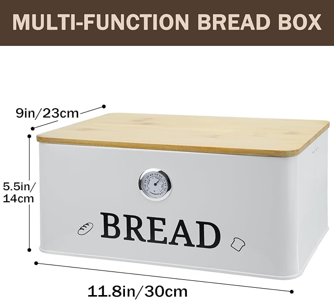 White Bread Box for Kitchen Countertop with Bamboo lid, Hygrometer Kitchen Organizer for Sourdough, Buns, and Loaves, Bread Storage Container - Image 2
