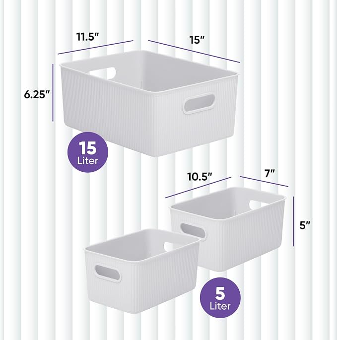 Superio Ribbed Collection - Decorative Plastic Basket Open Home Storage Bins Organizer, White Smoke (Set of 3) 1 Large, 2 Medium - Container Boxes for Organizing Closet Storage Bins for Shelves - Image 2