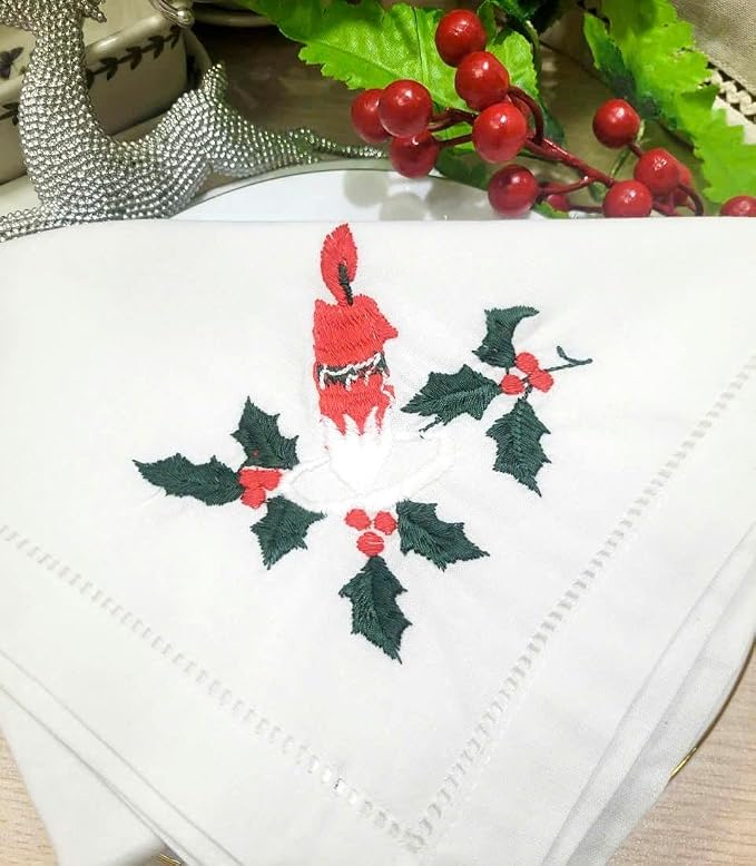 Embroidered Cloth Napkin Candle & Holly Christmas Cotton Napkins Set of 6, 20 x 20 Hemstitch Table Napkins, Machine Washable, Daily & Holidays, Great Gift Ideas - Image 4