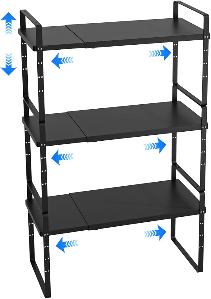 Expandable Cabinet Shelf Organizer, Stackable Kitchen Pantry Counter Storage, Adjustable Closet Cupboard Stand Rack Risers Spice Organization, 80LBS Heavy Duty, Black 3 Pack by KIKIBRO