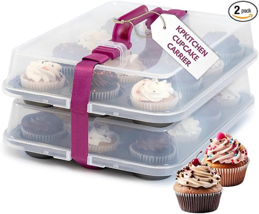 Cupcake Carrier for 24 Cupcakes - Innovative Cupcake Holder includes 2 Cupcake Pans with Lid and Handle - Cupcake Travel Container Carries 12 or 24 Standard-Size Cupcakes for Storage Safely by KPKitchen