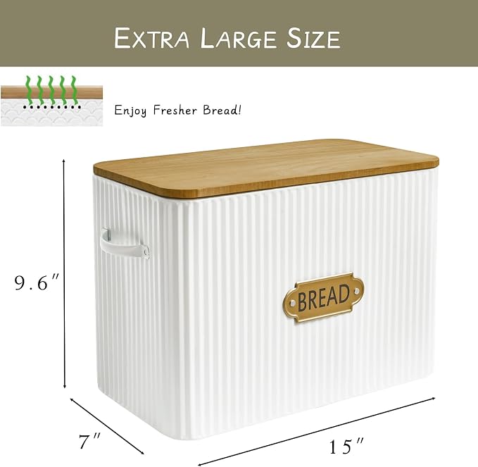 EMAX HOME Vertical Stripes Extra Large Space Saving Farmhouse Bread Box with Wood Lid - Holds 2 Loaves - White Vertical Breadbox Bread Storage Bin Holder for Kitchen Countertop - Image 6