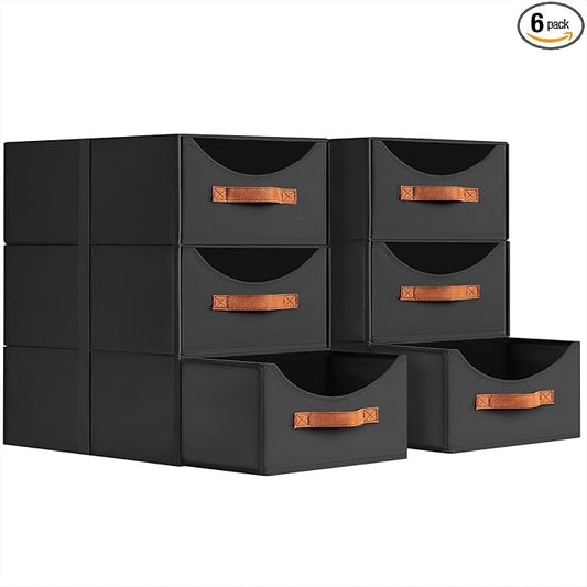 Stackable Storage Drawers - Large Collapsible Storage Bins with Drawers, 6 Pack Closet Shelf Organizer Basket, Fabric Pull Out Organizer for Bedroom, Living Room, Dorm, Black by Homsorout